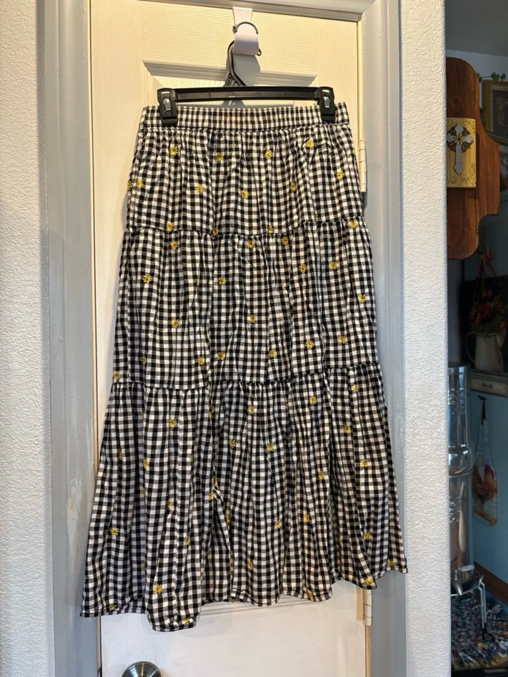 Old Navy Black & White Gingham Tiered Maxi Skirt with Yellow Floral Accents - Picture 1 of 2